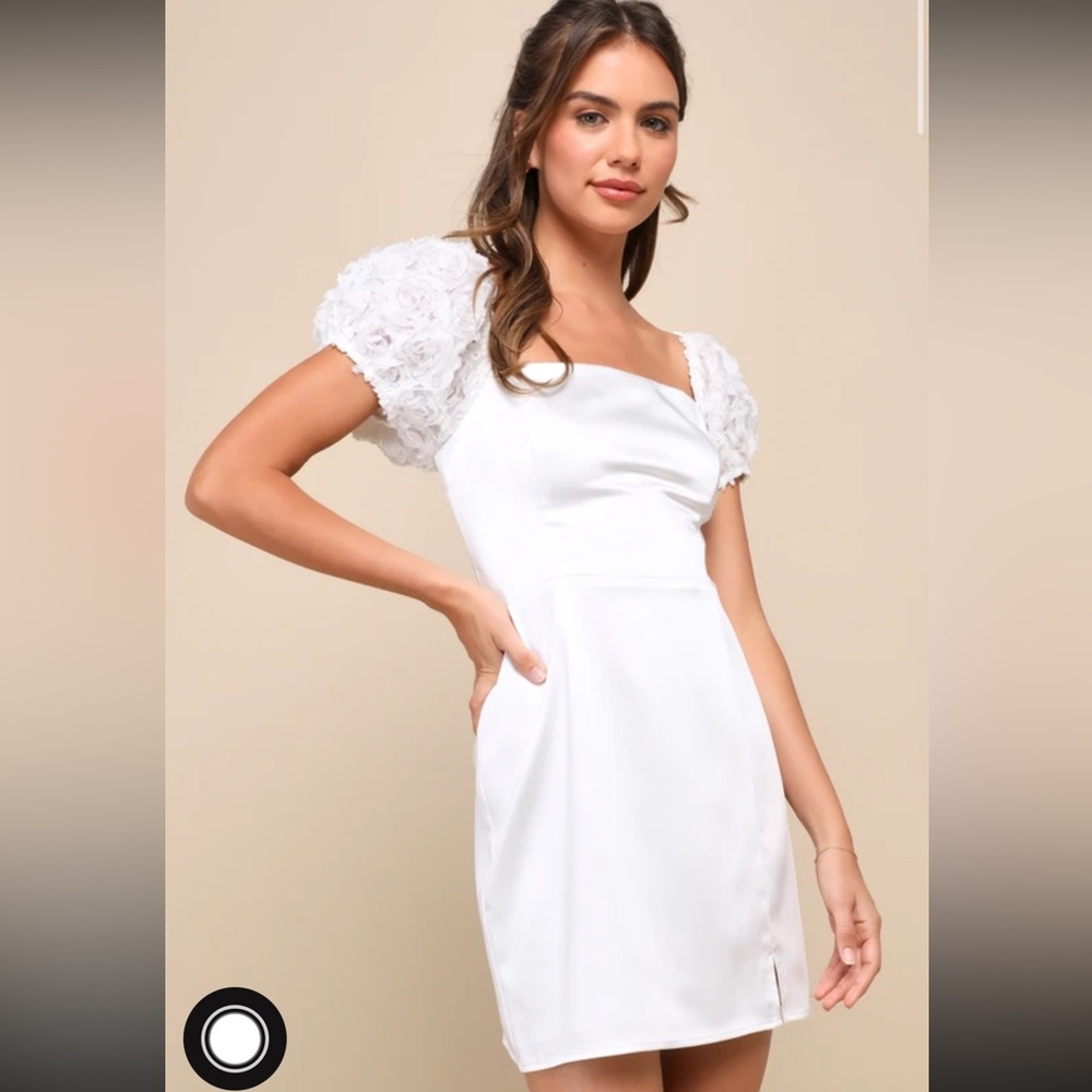 Lulus floral puff sleeve mini bridal dress